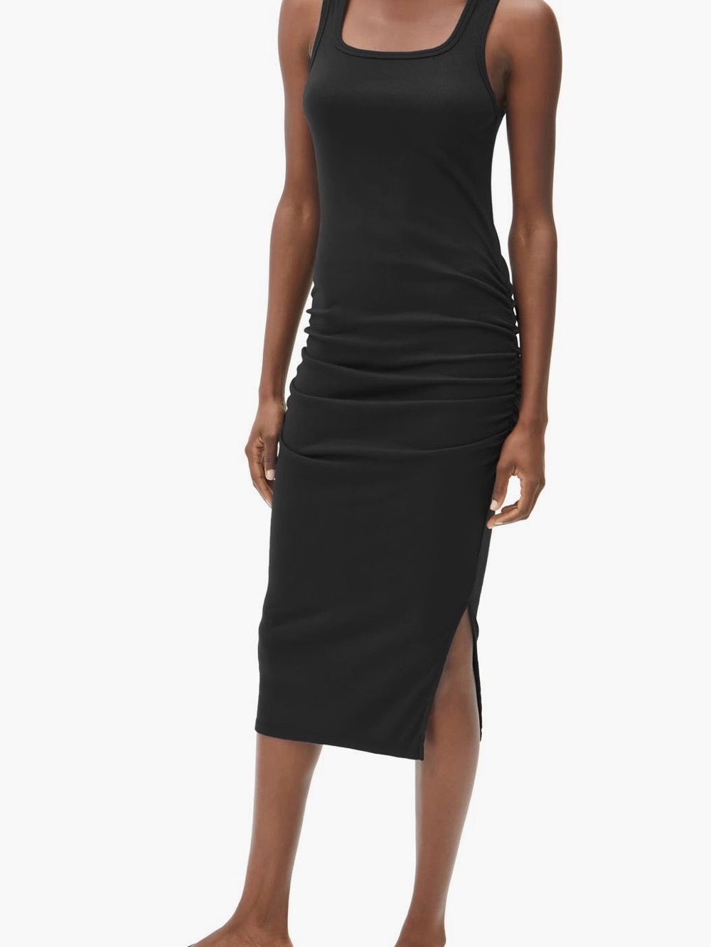 Michael Stars Washed Black Tank Midi Dress with Side Slit and Ruched Waist